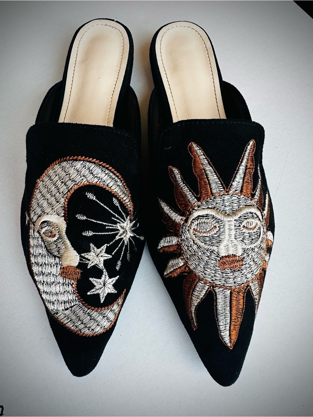 Black Embroidered Sun & Moon Pointed Mules Celestial Size 42